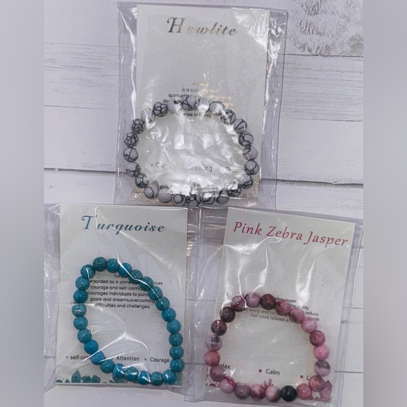 Jewelry - Set of 3 Natural Stone Bracelets Turquoise, Pink Zebra Jasper, Howlite NWT
